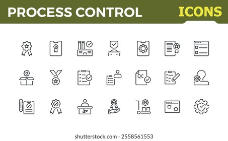 Set of Quality Control icons. Contains such icons as certificate, mark, assurance, certification, inspection and more. Minimalist outline icon collections. Editable stroke. Vector illustration.