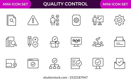 Conjunto de iconos de línea de control de calidad. Incluidos los iconos como inspeccionar, QA, calificar, control de calidad, comprobar, verificar y más.
