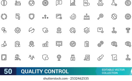 Set of quality control line icons. Related to check, certificate, inspect, review, approve, checkmark and more. Editable stroke. Pixel perfect, vector illustration.