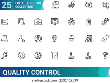 Conjunto de iconos de línea de control de calidad. Relacionado con comprobar, certificar, inspeccionar, revisar, aprobar, marcar y más. Trazo editable. Pixel perfecto, Ilustración vectorial.