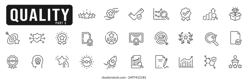 Set of quality control related line icons. Check, review, approve, checkmark etc. Editable stroke. Part 3