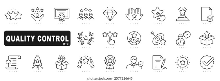 Set of quality control related line icons. Check, review, approve, checkmark, star etc. Set 2