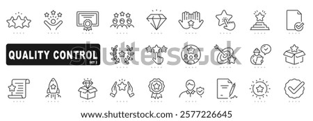 Set of quality control related line icons. Check, review, approve, checkmark, star etc. Set 2