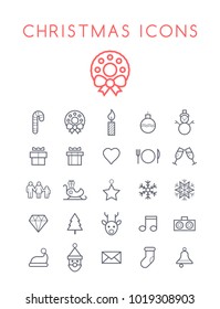 Set of Quality Isolated Universal Standard Minimal Simple Christmas Black Thin Line Icons on White Background