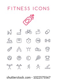 Set of Quality Isolated Universal Standard Minimal Simple Fitness Black Thin Line Icons on White Background