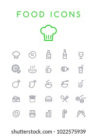 Set of Quality Isolated Universal Standard Minimal Simple Black Thin Line Food and Drink Icons on White Background