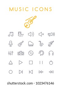 Set of Quality Isolated Universal Standard Minimal Simple Music Black Thin Line Icons on White Background