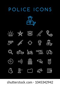Set of Quality Isolated Universal Standard Minimal Simple Police WhiteThin Line Icons on Black Background