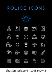 Set of Quality Isolated Universal Standard Minimal Simple Police WhiteThin Line Icons on Black Background