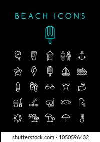 Set of Quality Isolated Universal Standard Minimal Simple Beach White Thin Line Icons on Black Background
