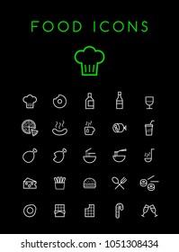 Set of Quality Isolated Universal Standard Minimal Simple White Thin Line Food and Drink Icons on Black Background