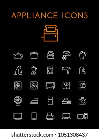 Set of Quality Isolated Universal Standard Minimal Simple Home Appliances White Thin Line Icons on Black Background