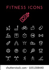 Set of Quality Isolated Universal Standard Minimal Simple Fitness White Thin Line Icons on Black Background