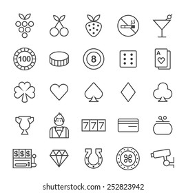 Set of Quality Isolated Universal Standard Minimal Simple Casino Black Thin Line Icons on White Background.