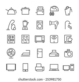 Set of Quality Isolated Universal Standard Minimal Simple Home Appliances Black Thin Line Icons on White Background.