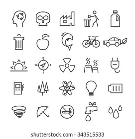 Set of Quality Isolated Universal Standard Minimal Simple Ecology Black Thin Line Icons on White Background.