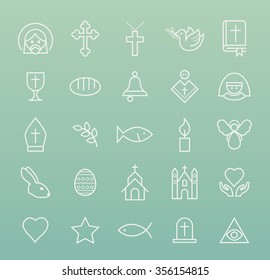 Set of Quality Isolated Universal Standard Minimal Simple Christian White Thin Line Icons on Color Background.