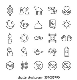 Set of Quality Isolated Universal Standard Minimal Simple Islamic Black Thin Line Icons on White Background.