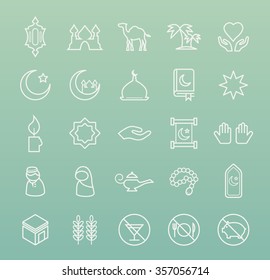 Set of Quality Isolated Universal Standard Minimal Simple Islamic White Thin Line Icons on Color Background.