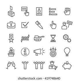 Set of Quality Isolated Universal Standard Minimal Simple Politics Black Thin Line Icons on White Background.