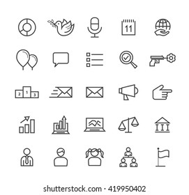 Set of Quality Isolated Universal Standard Minimal Simple Black Thin Line Politics Concepts Icons on White Background.