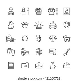 Set of Quality Isolated Universal Standard Minimal Simple Black Thin Line Police Concepts Icons on White Background.