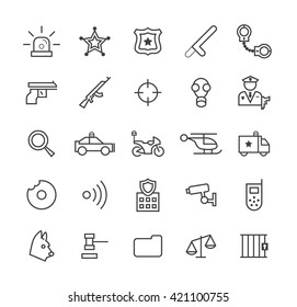 Set of Quality Isolated Universal Standard Minimal Simple Black Thin Line Police Concepts Icons on White Background.