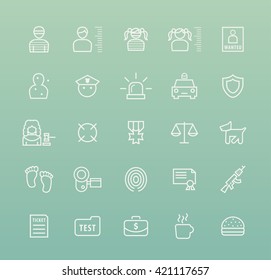 Set of Quality Isolated Universal Standard Minimal Simple Police White Thin Line Icons on Color Background.