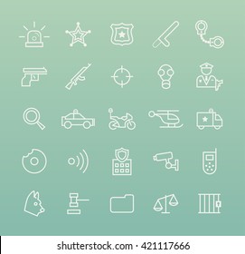 Set of Quality Isolated Universal Standard Minimal Simple Police White Thin Line Icons on Color Background.
