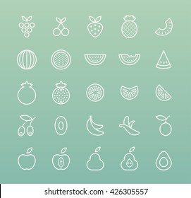 Set of Quality Isolated Universal Standard Minimal Simple Fruit White Thin Line Icons on Color Background.