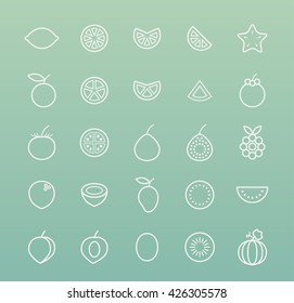 Set of Quality Isolated Universal Standard Minimal Simple Fruit White Thin Line Icons on Color Background.