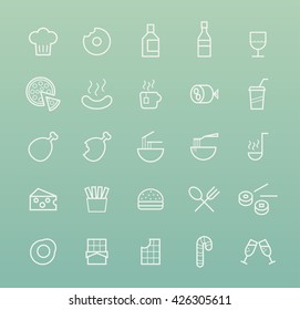 Set of Quality Isolated Universal Standard Minimal Simple Food White Thin Line Icons on Color Background.