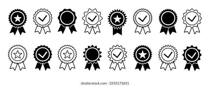 Set of quality premium icons,  approved or certified medal, achievement badge vector illustration. Verified, quality symbol, check mark design elements for infographic, poster, website 