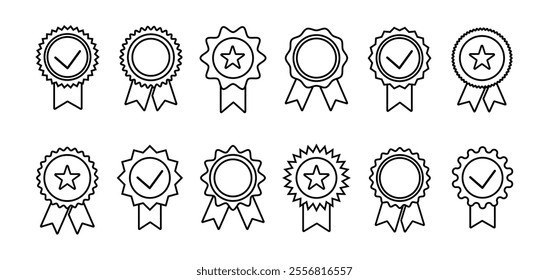 Set of quality premium icons,  approved or certified medal, achievement badge vector illustration. Verified, quality symbol, check mark design elements for infographic, poster, website 