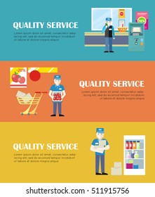 Set of quality service concept vectors. Flat style. Grocery store personnel. Worker with products and security in supermarket interior illustrations for retail store advertising, web pages design. 