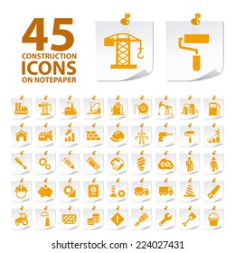 Set of Quality Standard Construction and Industry Icons on Notepaper Buttons on White Background.