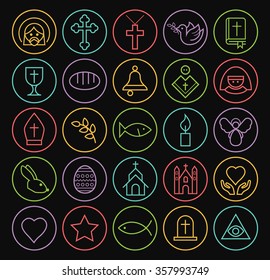 Set of Quality Universal Isolated Standard Minimal Simple Colored Neon Christian Thin Line Icons on Circular Buttons on Black Background.