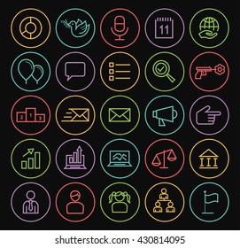Set of Quality Universal Isolated Standard Minimal Simple Colored Neon Politics Thin Line Icons on Circular Buttons on Black Background.