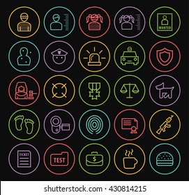Set of Quality Universal Isolated Standard Minimal Simple Colored Neon Police Thin Line Icons on Circular Buttons on Black Background.