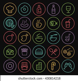 Set of Quality Universal Isolated Standard Minimal Simple Colored Neon Food Thin Line Icons on Circular Buttons on Black Background.