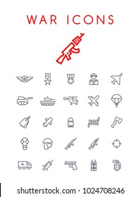 Set of Quality Universal Standard Minimal Simple War Black Thin Line Icons on White Background