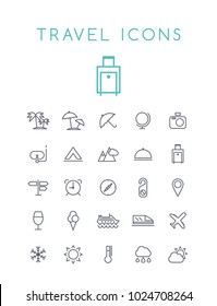 Set of Quality Universal Standard Minimal Simple Travel Black Thin Line Icons on White Background