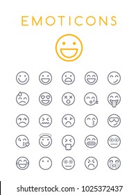 Set of Quality Universal Standard Minimal Simple Black Thin Line Emoticons on White Background