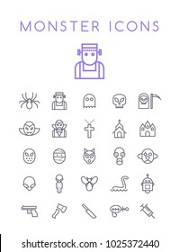 Set of Quality Universal Standard Minimal Simple Monsters Black Thin Line Icons on White Background