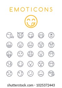 Set of Quality Universal Standard Minimal Simple Black Thin Line Emoticons on White Background