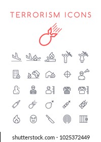 Set of Quality Universal Standard Minimal Simple Terrorism Black Thin Line Icons on White Background