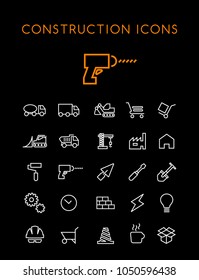 Set of Quality Universal Standard Minimal Simple Construction White Thin Line Icons on Black Background