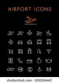 Set of Quality Universal Standard Minimal Simple Airport White Thin Line Icons on Black Background