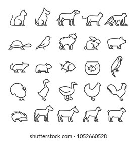 Set of Quality Universal Standard Minimal Simple Black Thin Line Pets and Farm Animals on White Background 