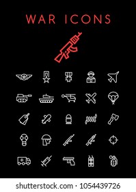 Set of Quality Universal Standard Minimal Simple White Thin Line War Icons on Black Background